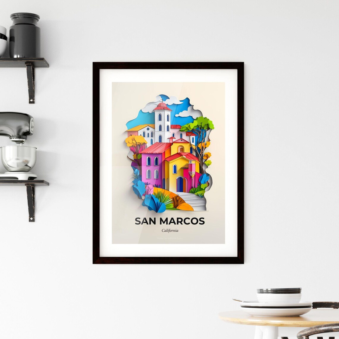 San Marcos California Colorful Paper Cut Mission Town Travel Poster - Image 2