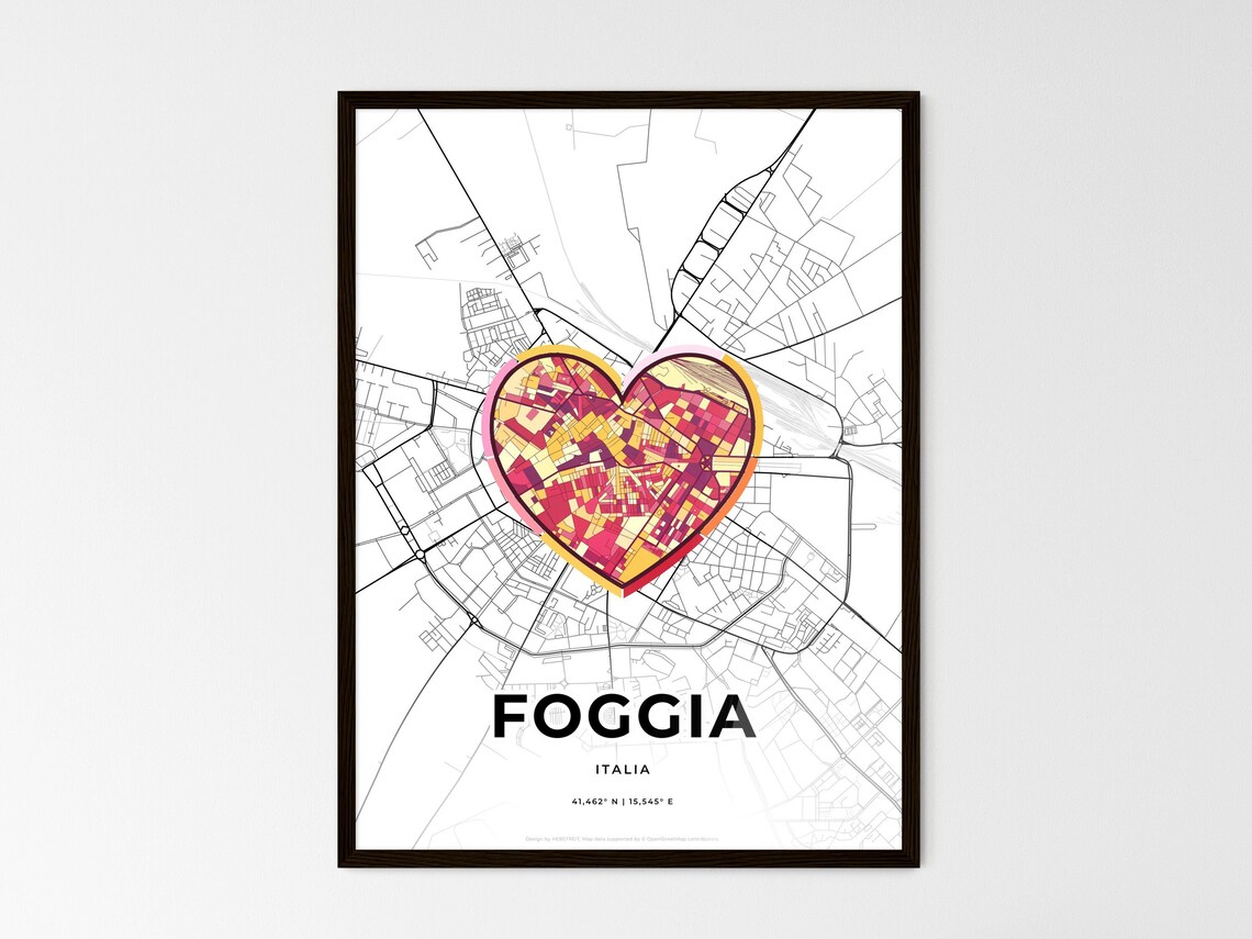 Foggia Italy Minimalist Line Art Heart Shaped City Map Poster