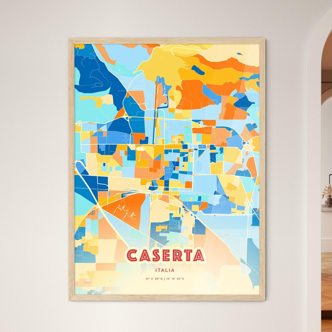 Caserta Italy Vibrant Blue Orange Street Map Art Decor City Poster
