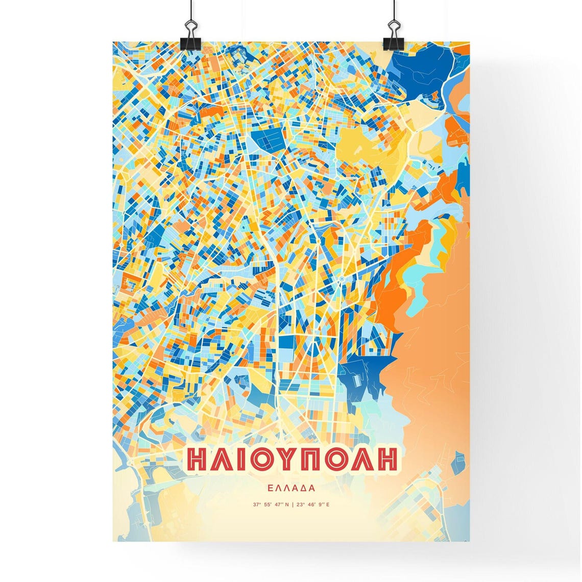Ilioupoli Greece Colorful City Map Poster Blue Orange Gift Wall Decor - Image 3