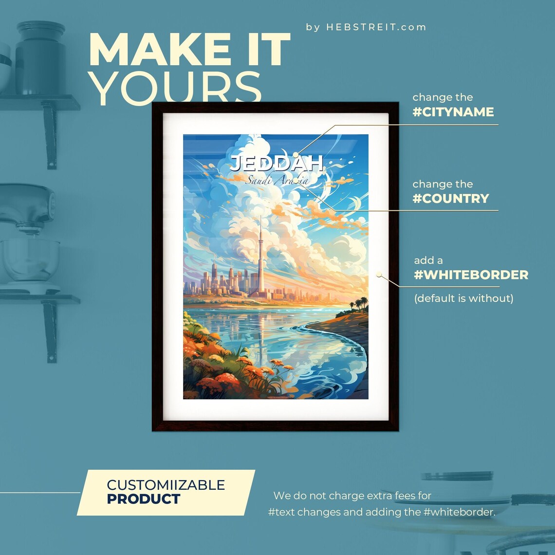 Jeddah Saudi Arabia Travel Poster Waterfront Skyline Tower Sunset Illustration - Image 2