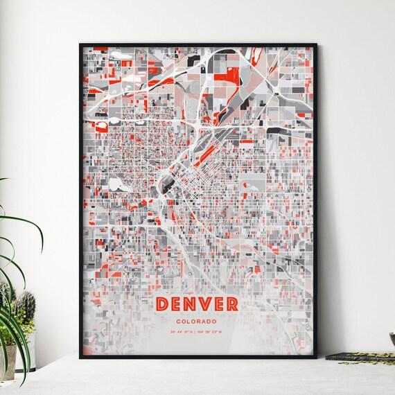 Denver Colorado Modern Red Gray Expressive City Map Poster Customizable