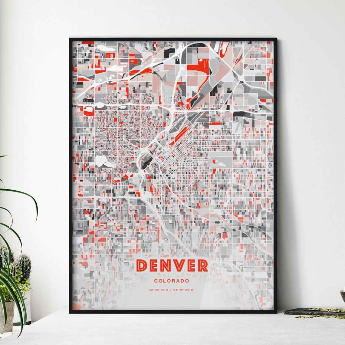 Denver Colorado Modern Red Gray Expressive City Map Poster Customizable