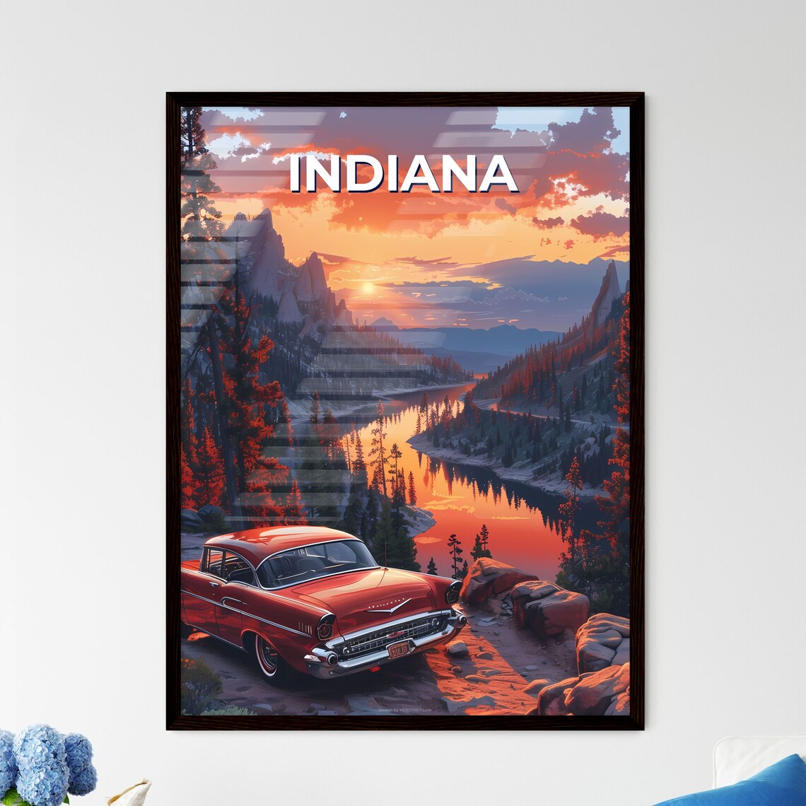Indiana Vintage Red Car Mountain Lake Sunset Travel Art Poster