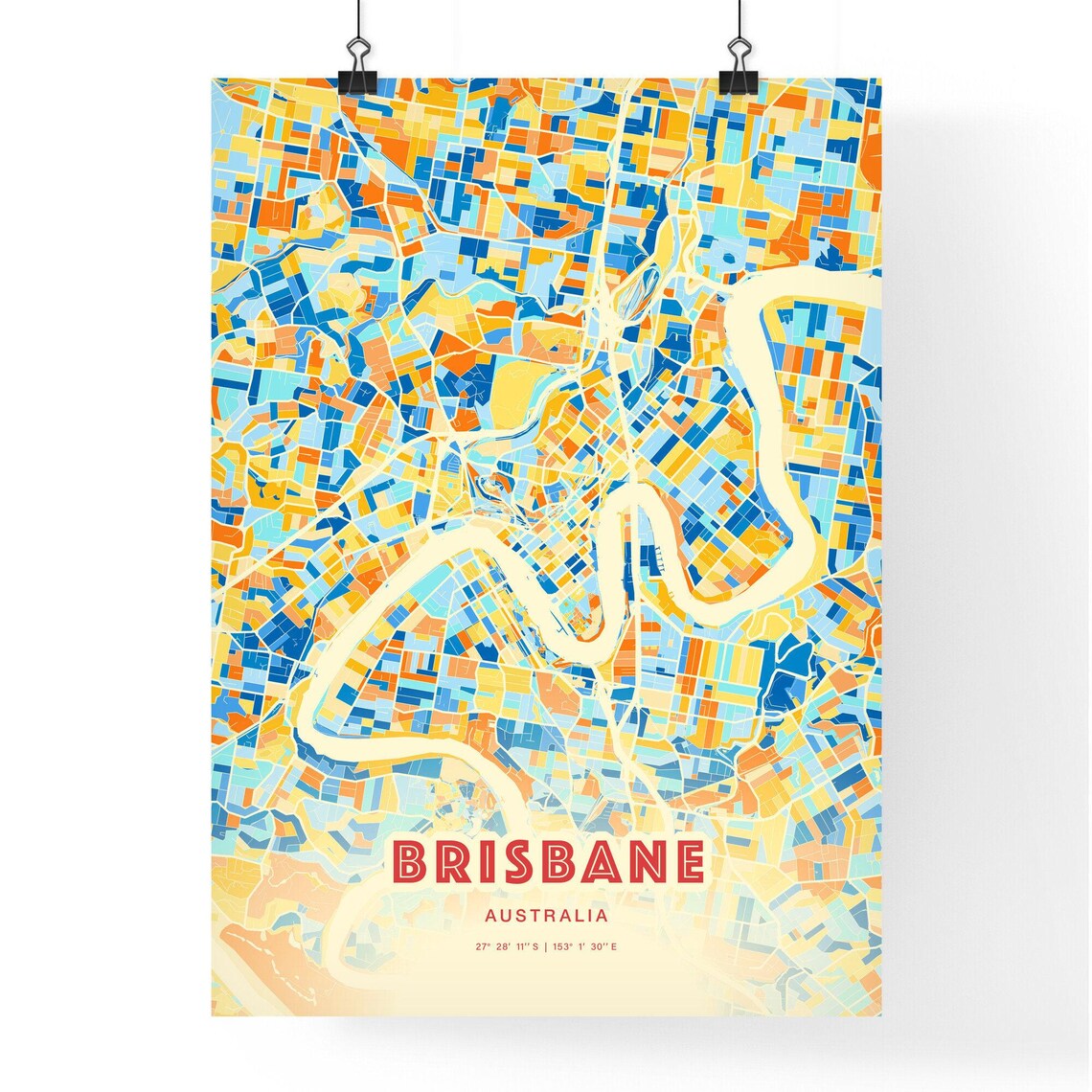 Brisbane Australia Colorful Blue and Orange City Map Art Poster - Image 3