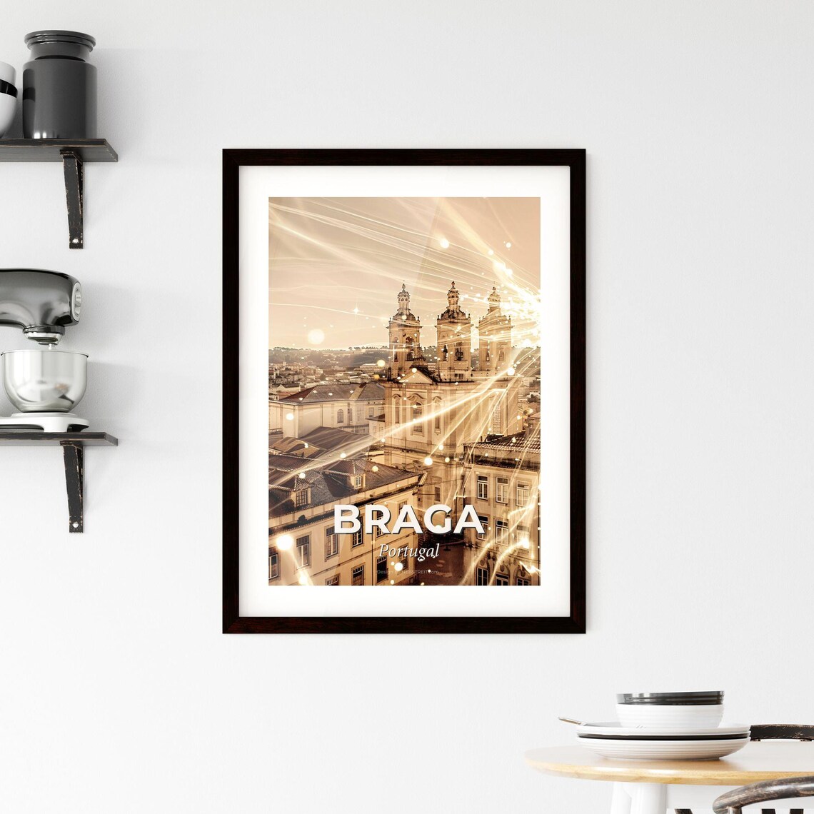 Braga Portugal Golden Cathedral Triple Towers Light Art Poster - Image 2