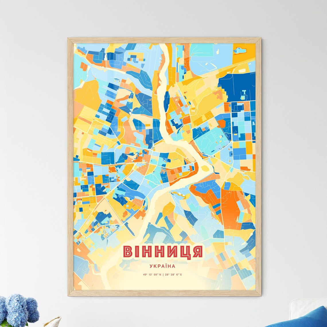 Vinnytsia Ukraine Vibrant City Map Poster Blue Orange Gift Wall Decor
