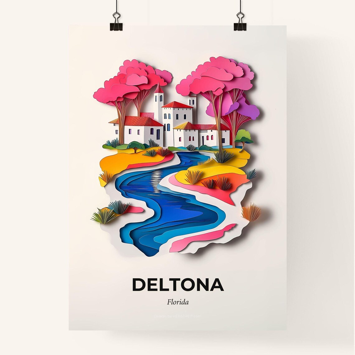 Deltona Florida Colorful Paper Cut River Town Travel Art Poster - Image 4