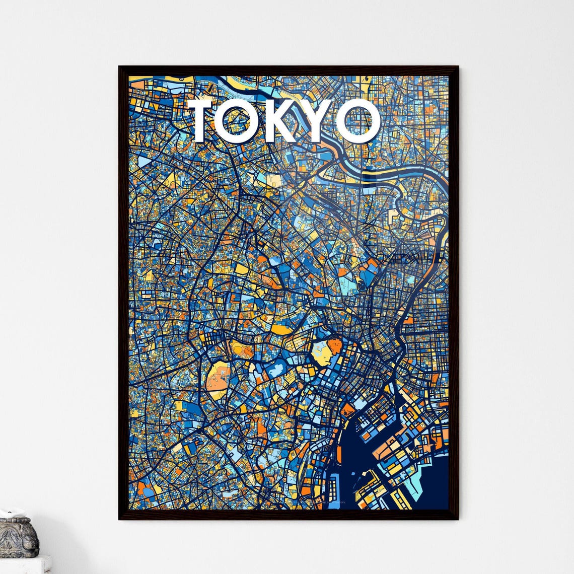 Tokyo City Map Art Poster Midnight Blue and Orange Modern Decor