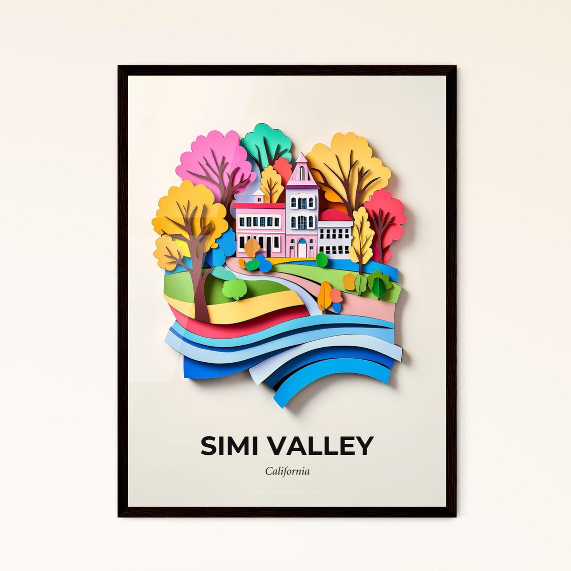 Simi Valley California House Trees Colorful Paper Cut Poster