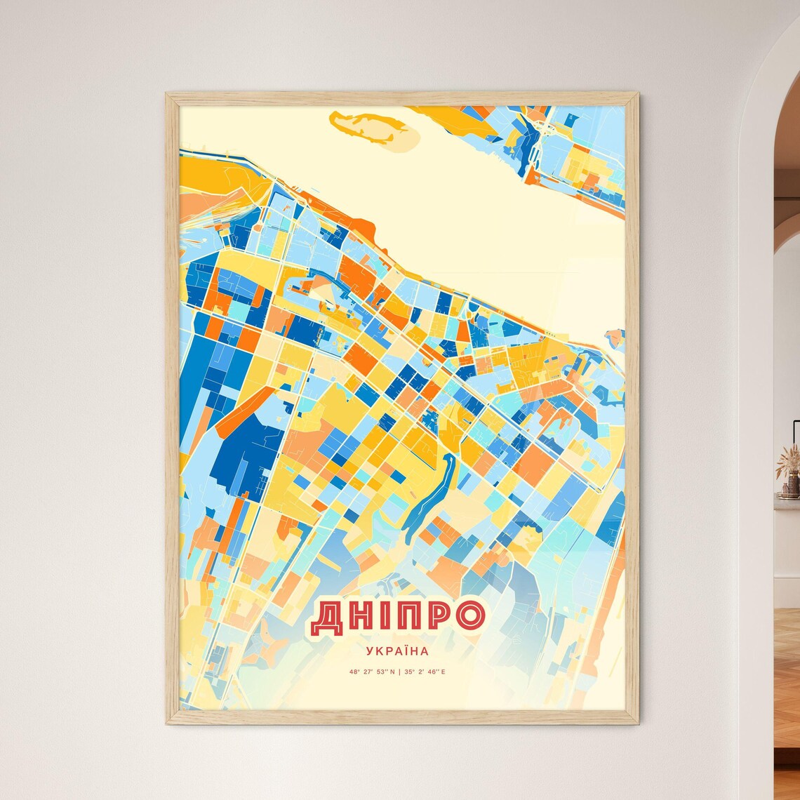 Dnipro Ukraine Blue Orange Colorful City Map Art Poster With Coordinates