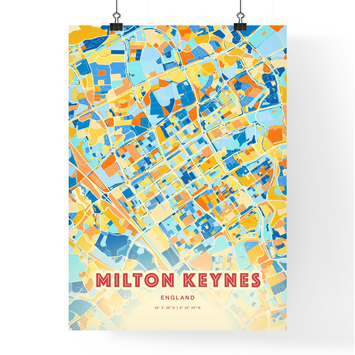 Milton Keynes England Colorful Blue Orange City Street Map Art Poster - Image 3