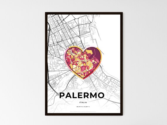 Palermo Italy Minimalist Line Art Heart Shaped City Map Poster