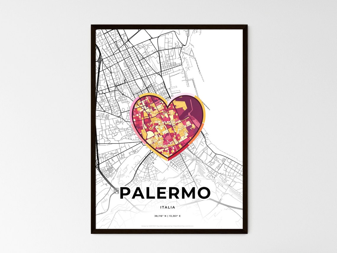 Palermo Italy Minimalist Line Art Heart Shaped City Map Poster