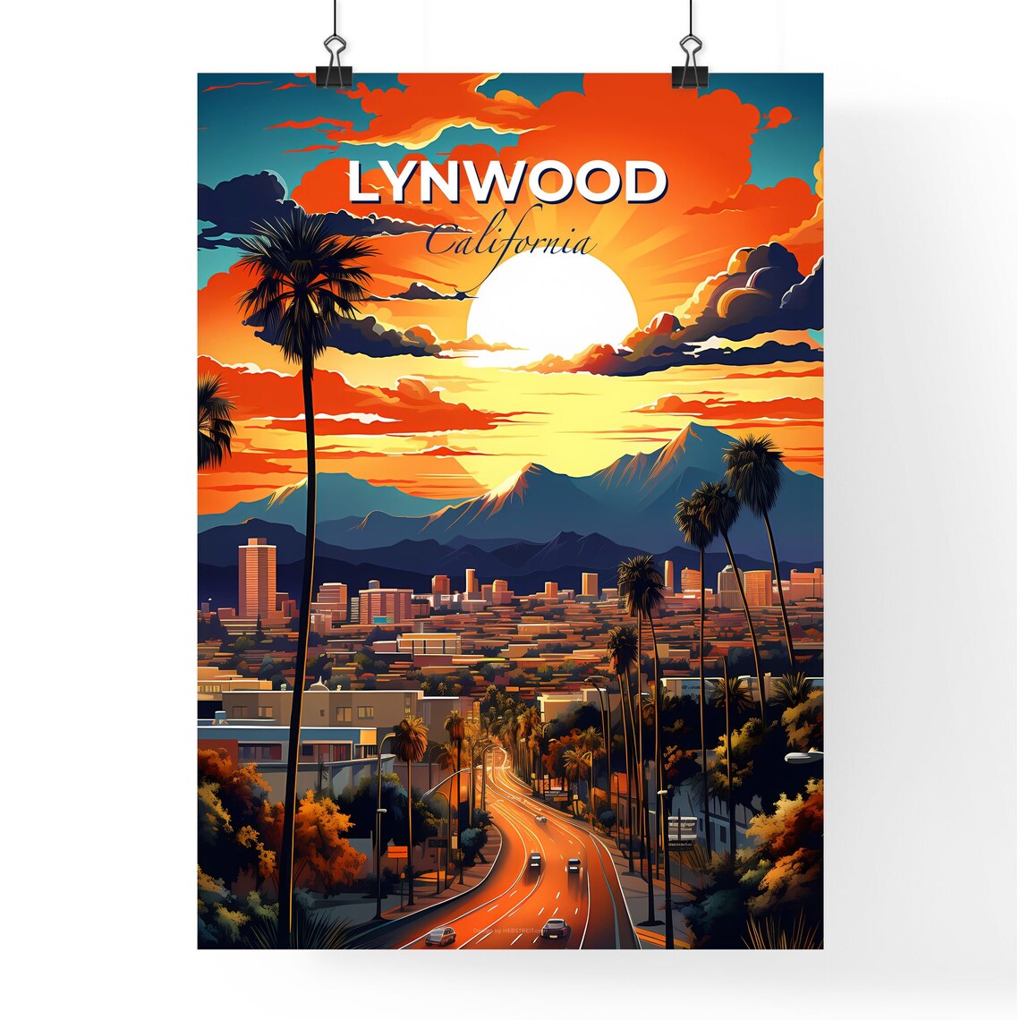 Lynwood California Sunset Skyline Palm Trees Winding Road Poster - Image 4