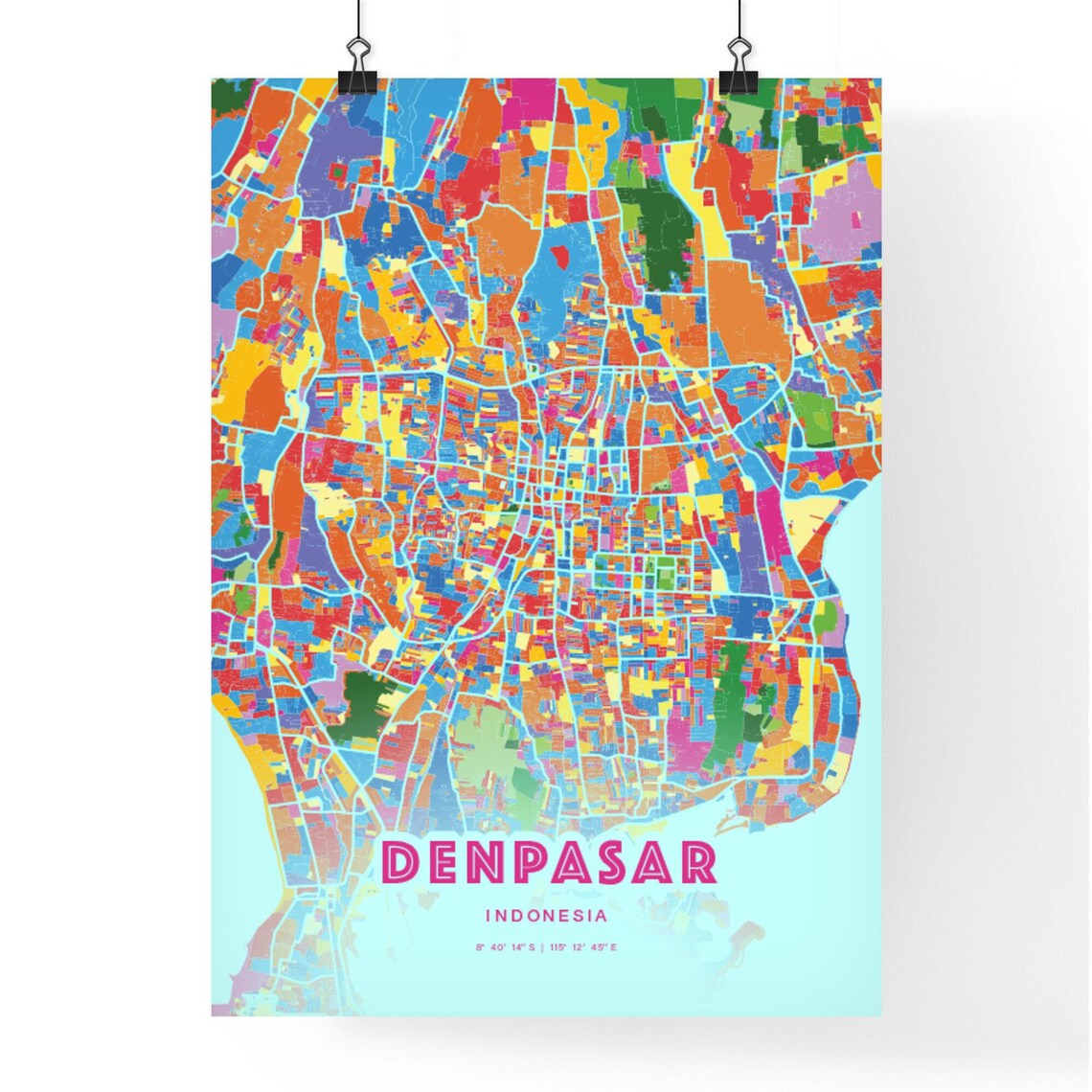 Denpasar Indonesia Colorful City Map Art Poster in Pink and Turquoise - Image 3