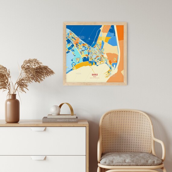 Suez Egypt City Map Blue Orange Modern Cartography Art Poster