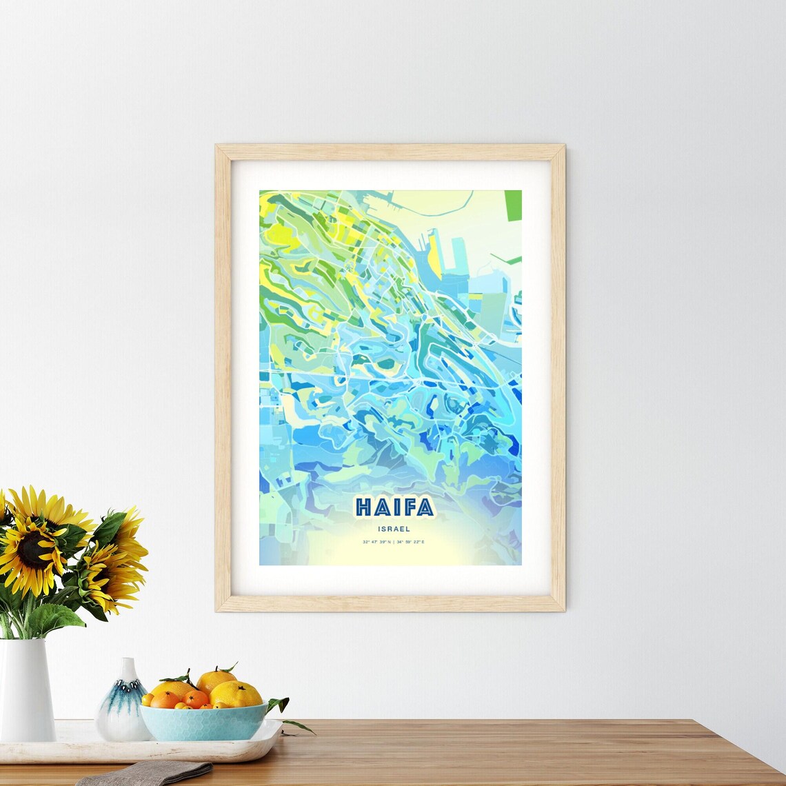 Haifa Israel Pastel Blue City Map Art with Coordinates Poster - Image 2