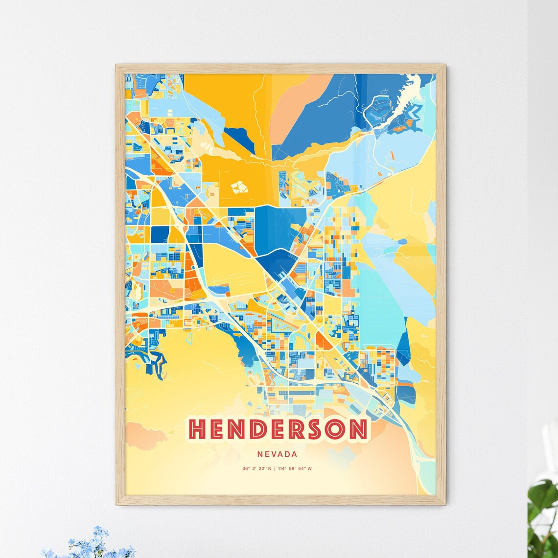 Henderson Nevada City Map Art Poster in Bold Blue and Orange