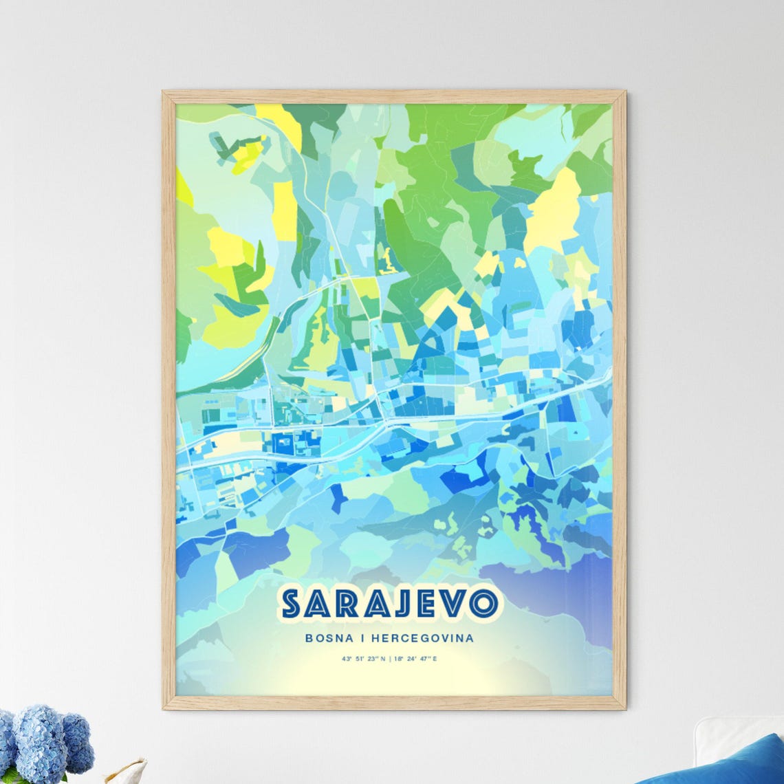 Sarajevo Bosnia Customizable Bluish Art City Map Coordinates Poster