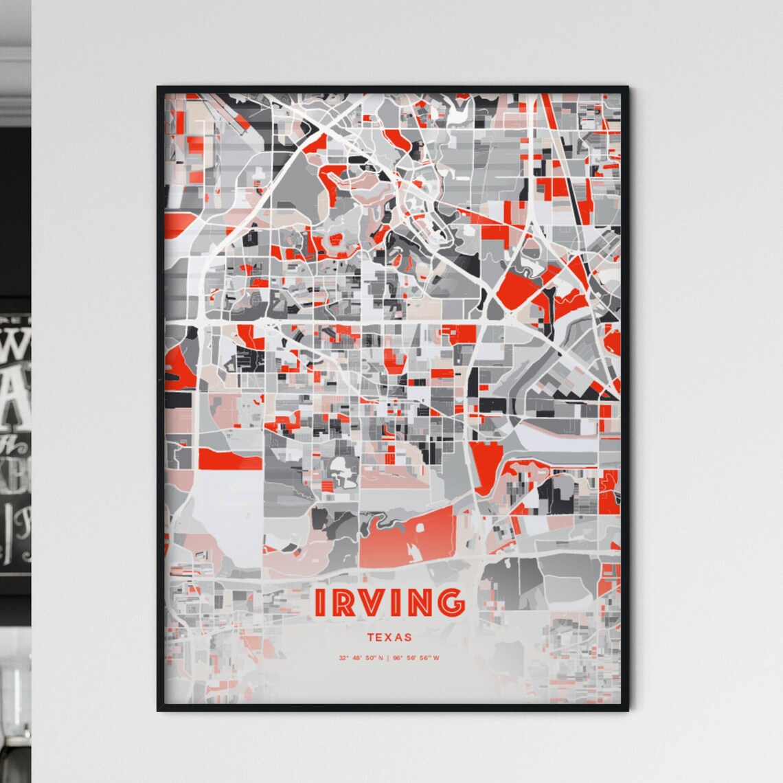 Irving Texas Expressive Red Abstract Modern City Map Art Poster