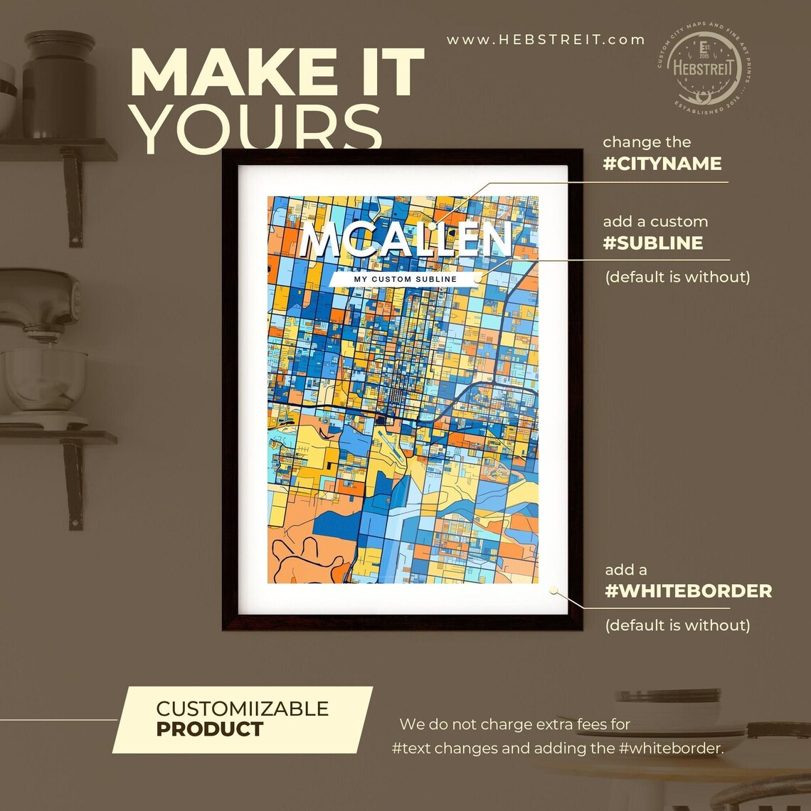 McAllen Texas Vibrant Stylized Blue and Orange City Map Poster - Image 2