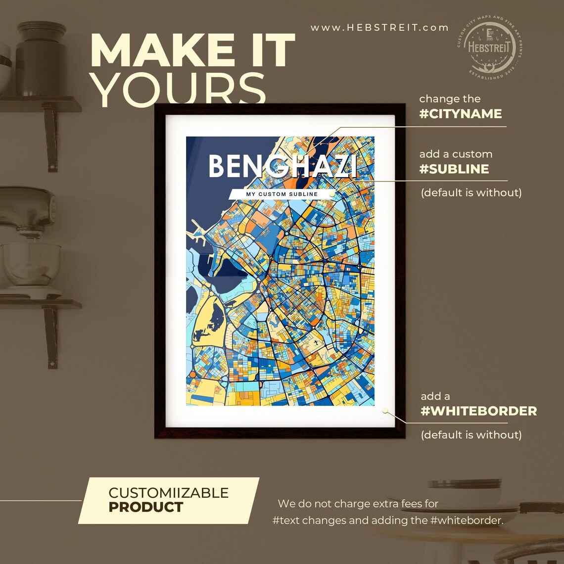 Benghazi Libya Vibrant Colorful City Map Art Print Home Decor - Image 2