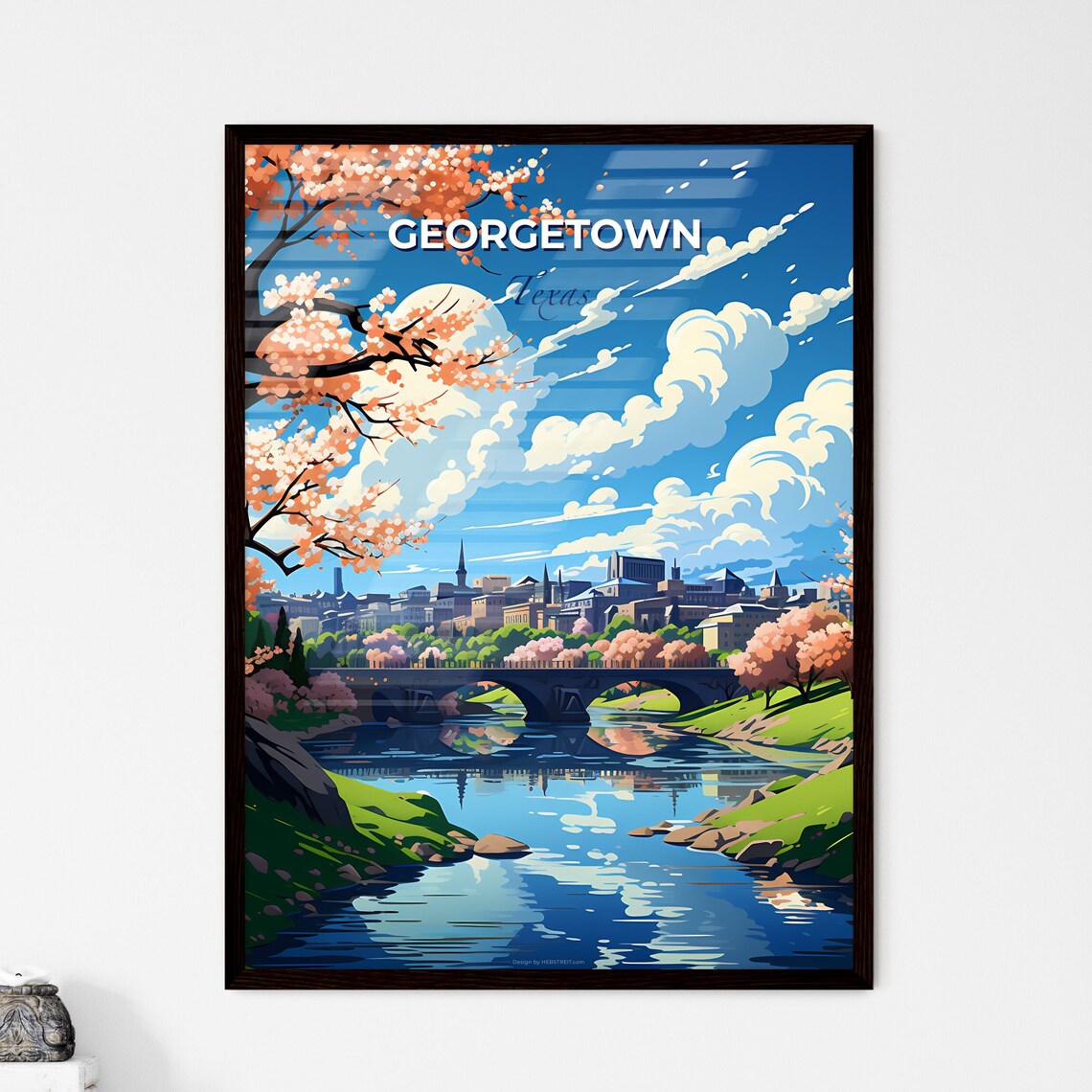 Georgetown Texas River Bridge Travel Poster Blossom Trees City Art