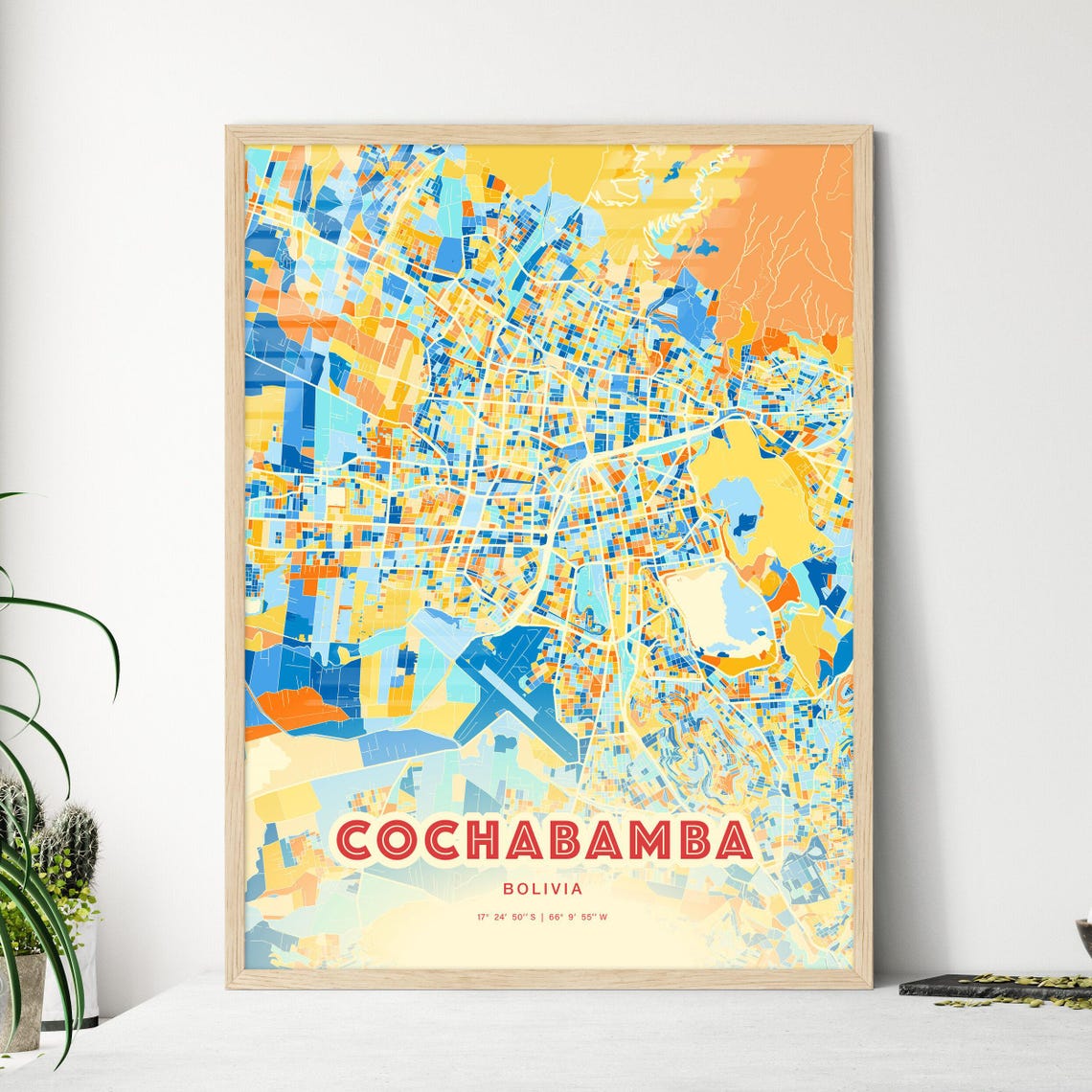 Cochabamba Bolivia Colorful City Map Art Print with Coordinates