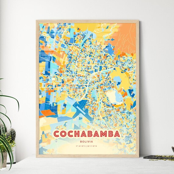 Cochabamba Bolivia Colorful City Map Art Print with Coordinates