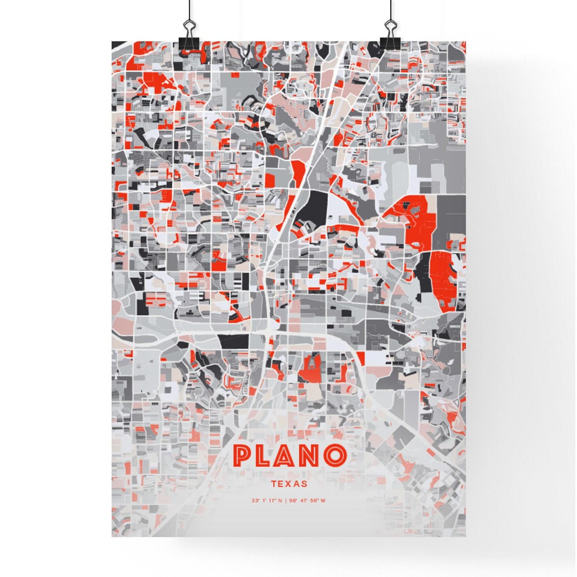Plano Texas Expressive Red Modern Decorative City Map Art Poster - Image 3