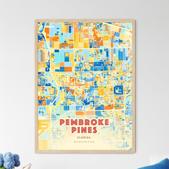 Vibrant Pembroke Pines Florida Blue Orange City Map Art Poster