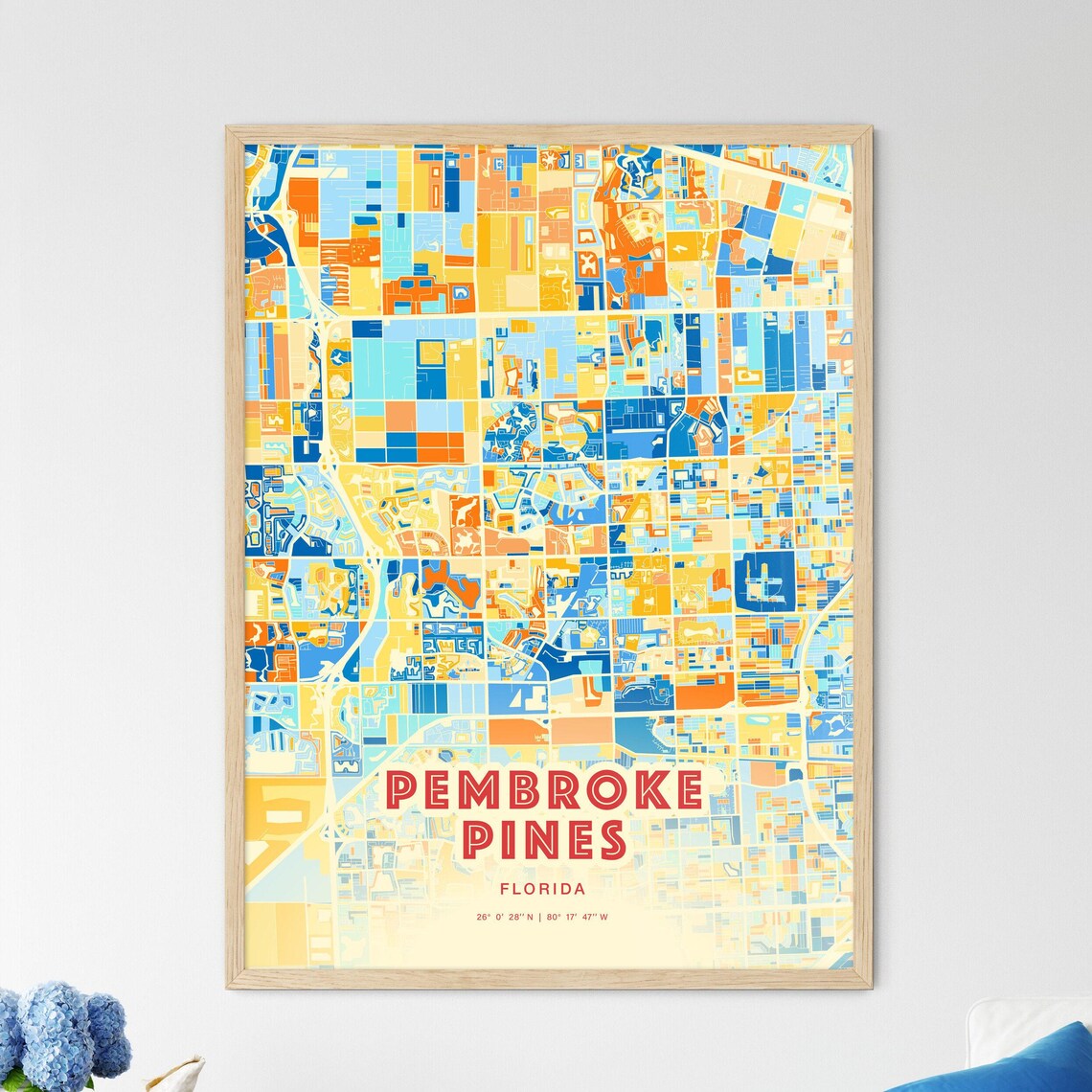 Vibrant Pembroke Pines Florida Blue Orange City Map Art Poster