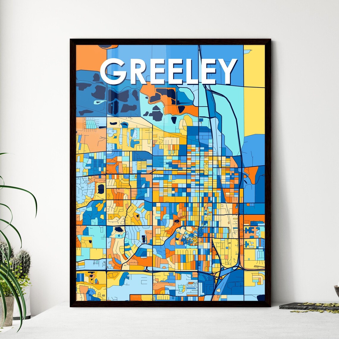 Greeley Colorado Stylish Vibrant Blue and Orange Mosaic City Map Poster