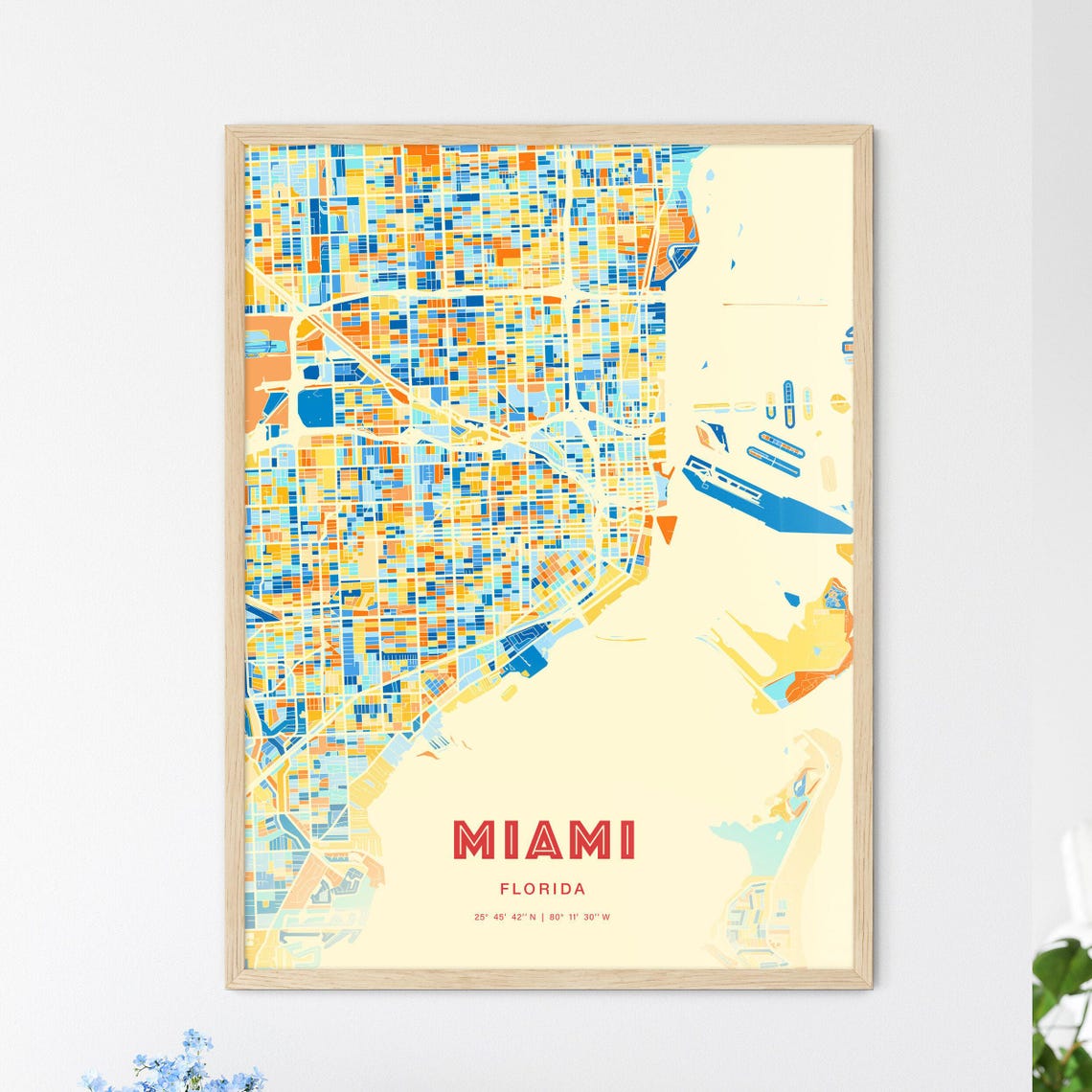 Miami Florida Blue Orange Vibrant Beachfront City Map Art Poster