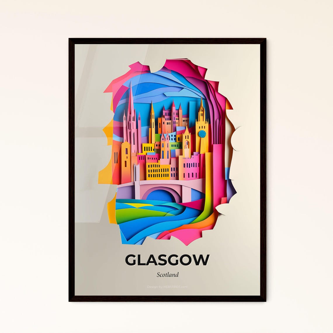 Glasgow Scotland Clock Tower River Bridge Paper Cut Travel Poster