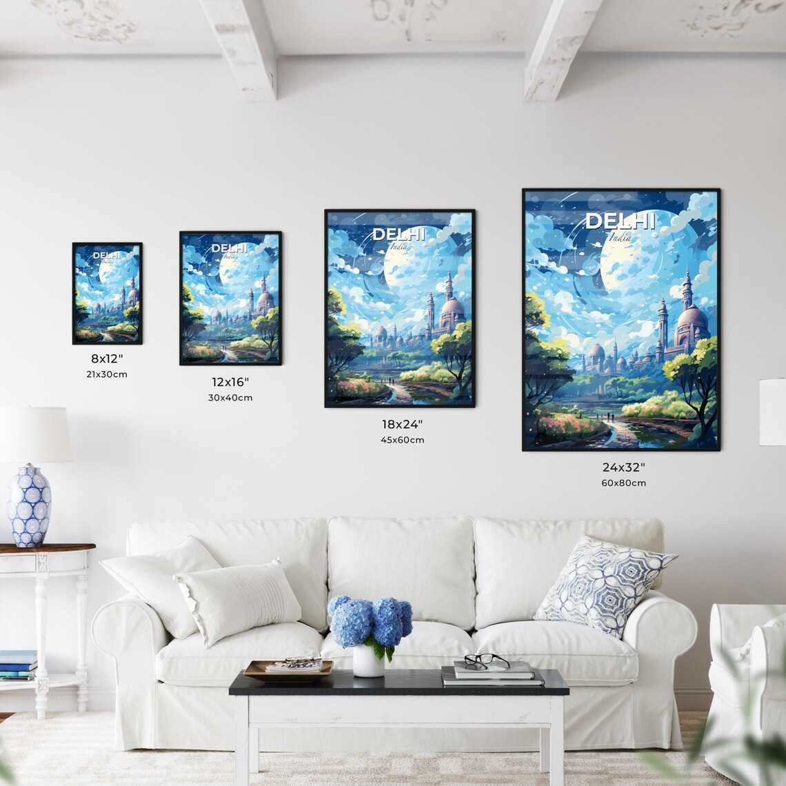 Delhi India Night Travel Poster Moonlit Domes River Reflection Illustration - Image 3