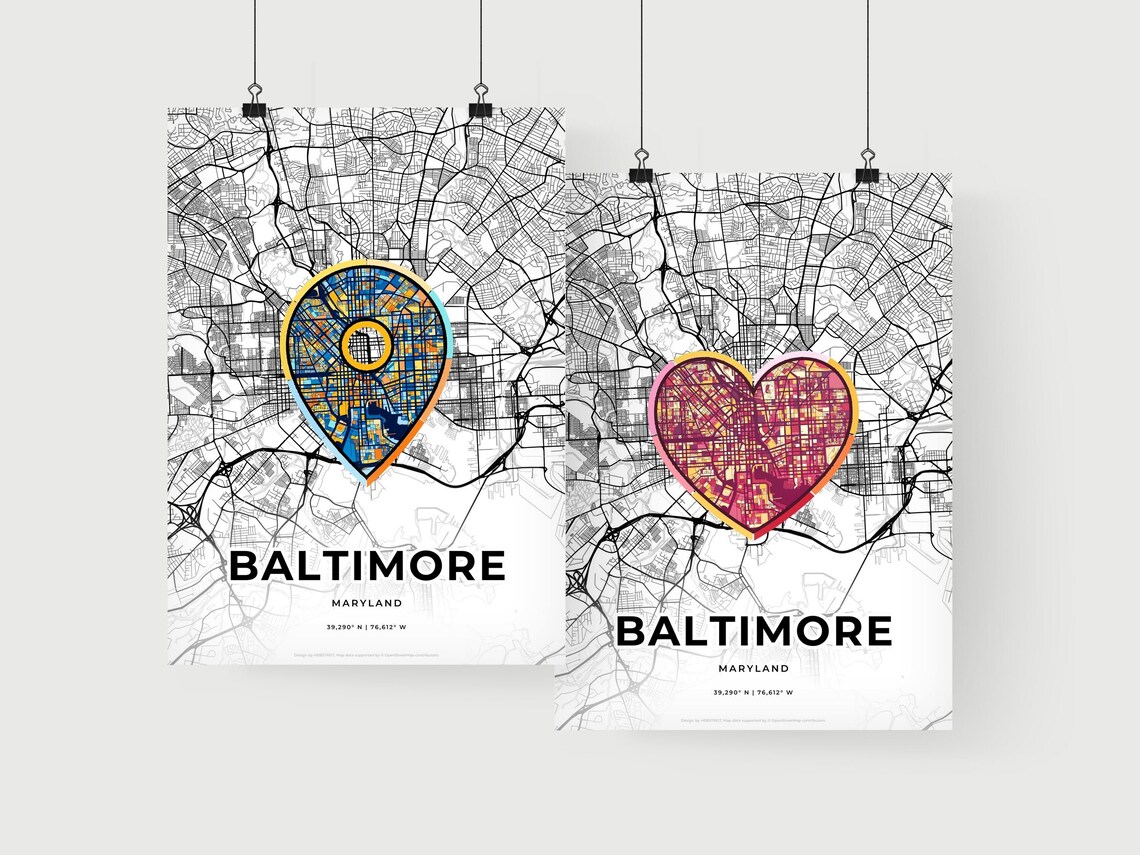 Baltimore Maryland Minimal Map Art With Colorful Heart Icon Poster - Image 2