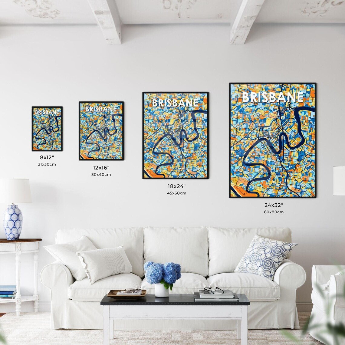 Brisbane Australia Bold City Map Art Poster in Navy Orange and Yellow - Image 3