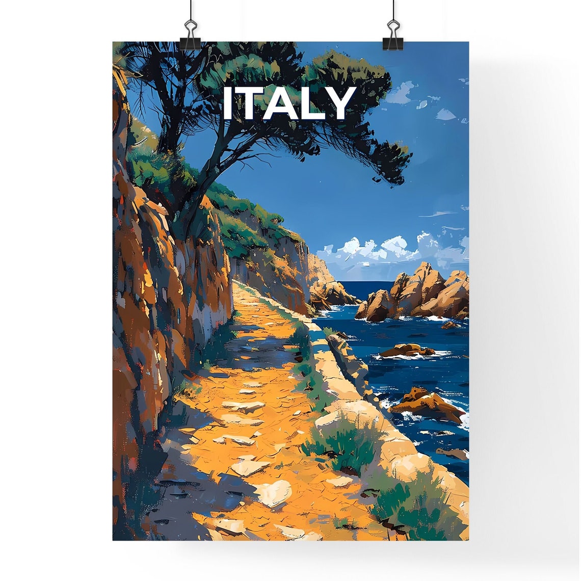 Italy Coastal Cliff Path Rocky Shore Pine Tree Vintage Travel Poster - Image 4