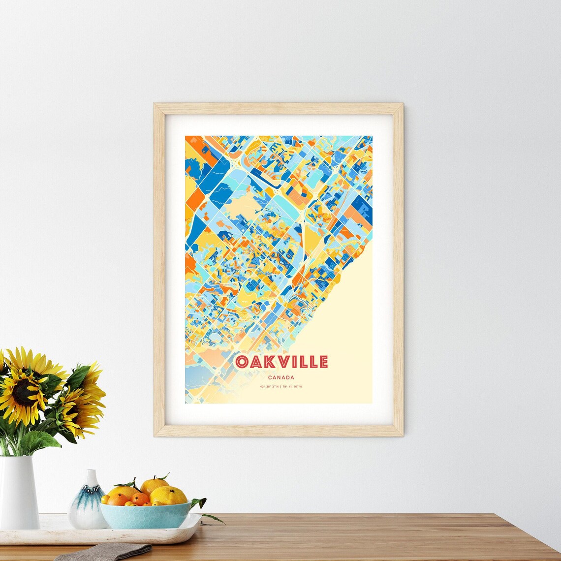 Oakville Canada Colorful City Map Art Poster in Orange Blue and Cream - Image 2