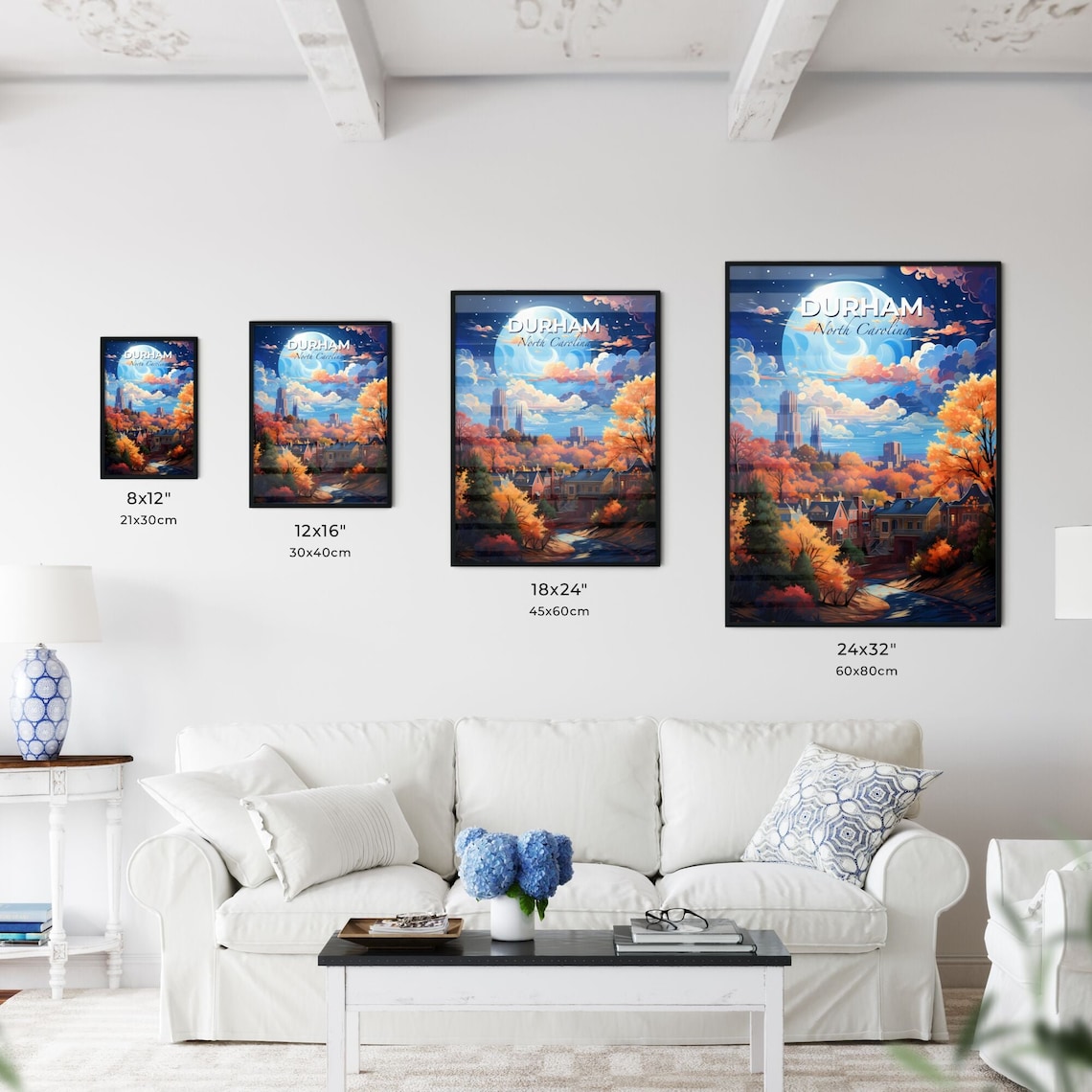 Durham North Carolina Full Moon Autumn Night City Skyline Poster - Image 3