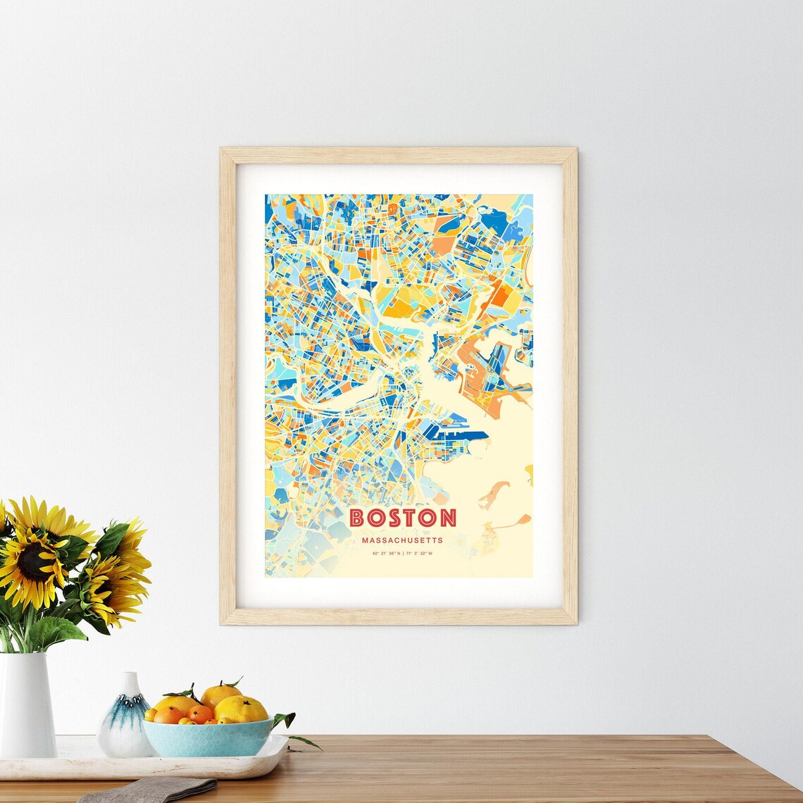 Boston Massachusetts Bold Colorful Blue Orange Fine Art City Map Poster - Image 2