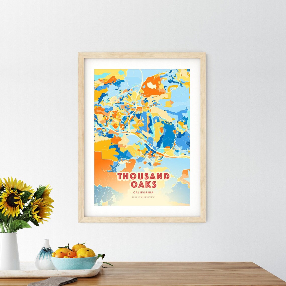 Thousand Oaks California Vibrant Modern Blue Orange Map Art Poster - Image 2