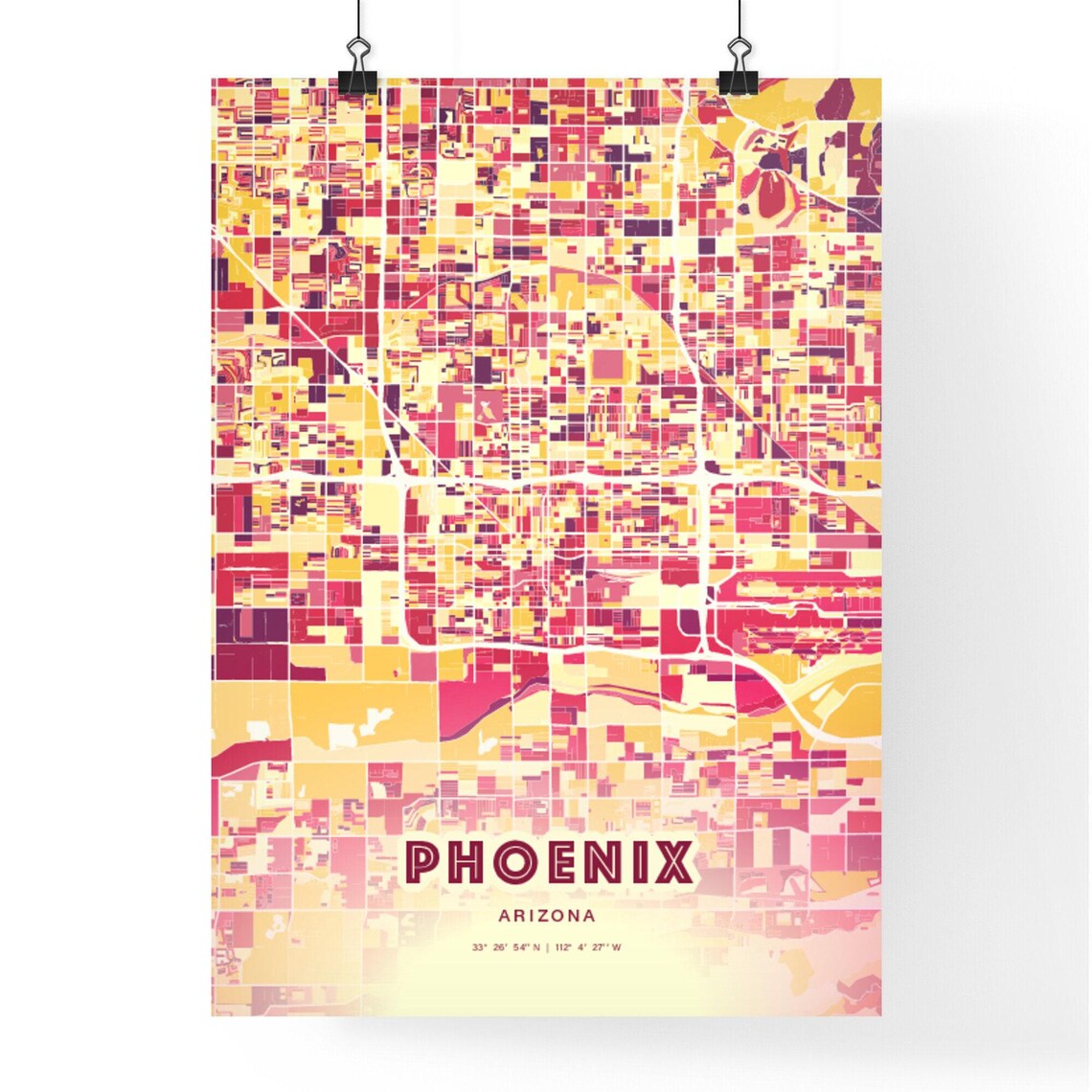 Phoenix Arizona Vibrant Red Sunset Tones City Map Art Poster - Image 3