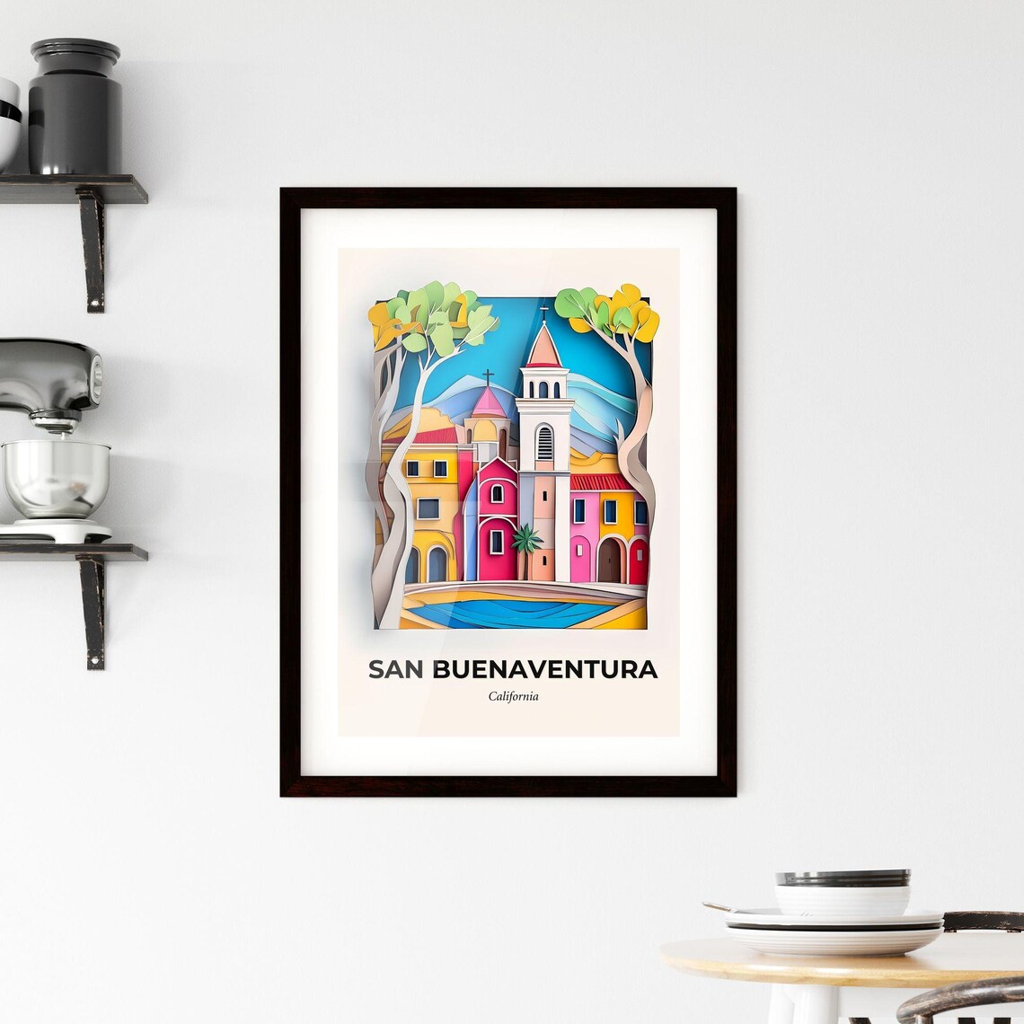 San Buenaventura California Mission Style Papercut Art Poster - Image 2
