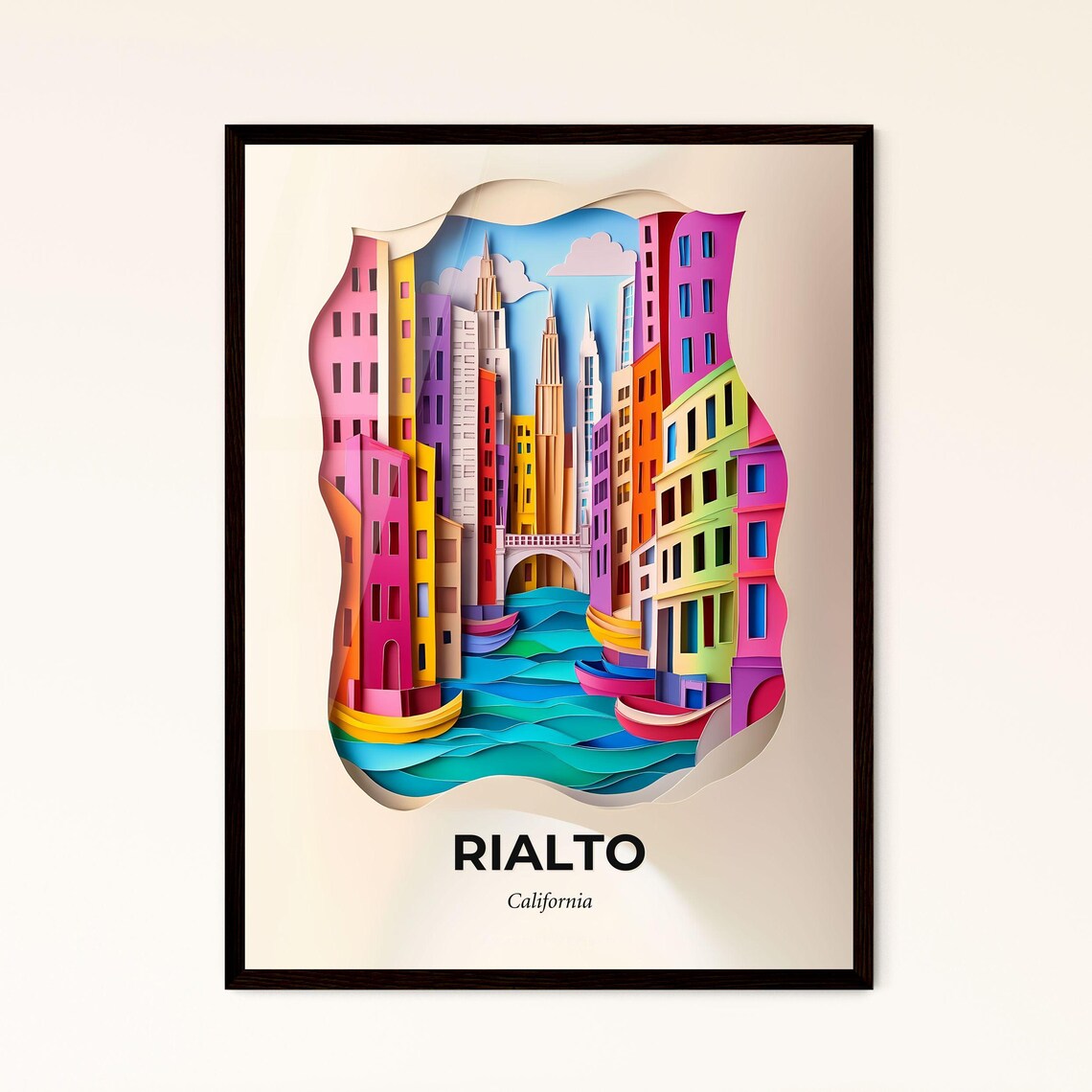 Rialto California Canal City Boats Vivid Paper Cut Art Poster