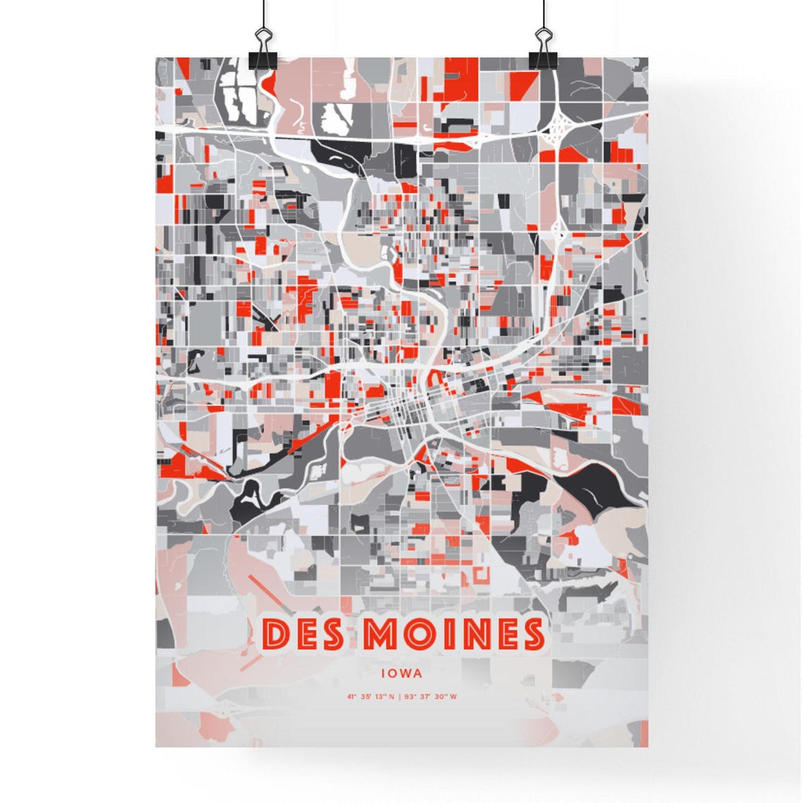 Des Moines Iowa Expressive Red Abstract Modern City Map Art Poster - Image 3