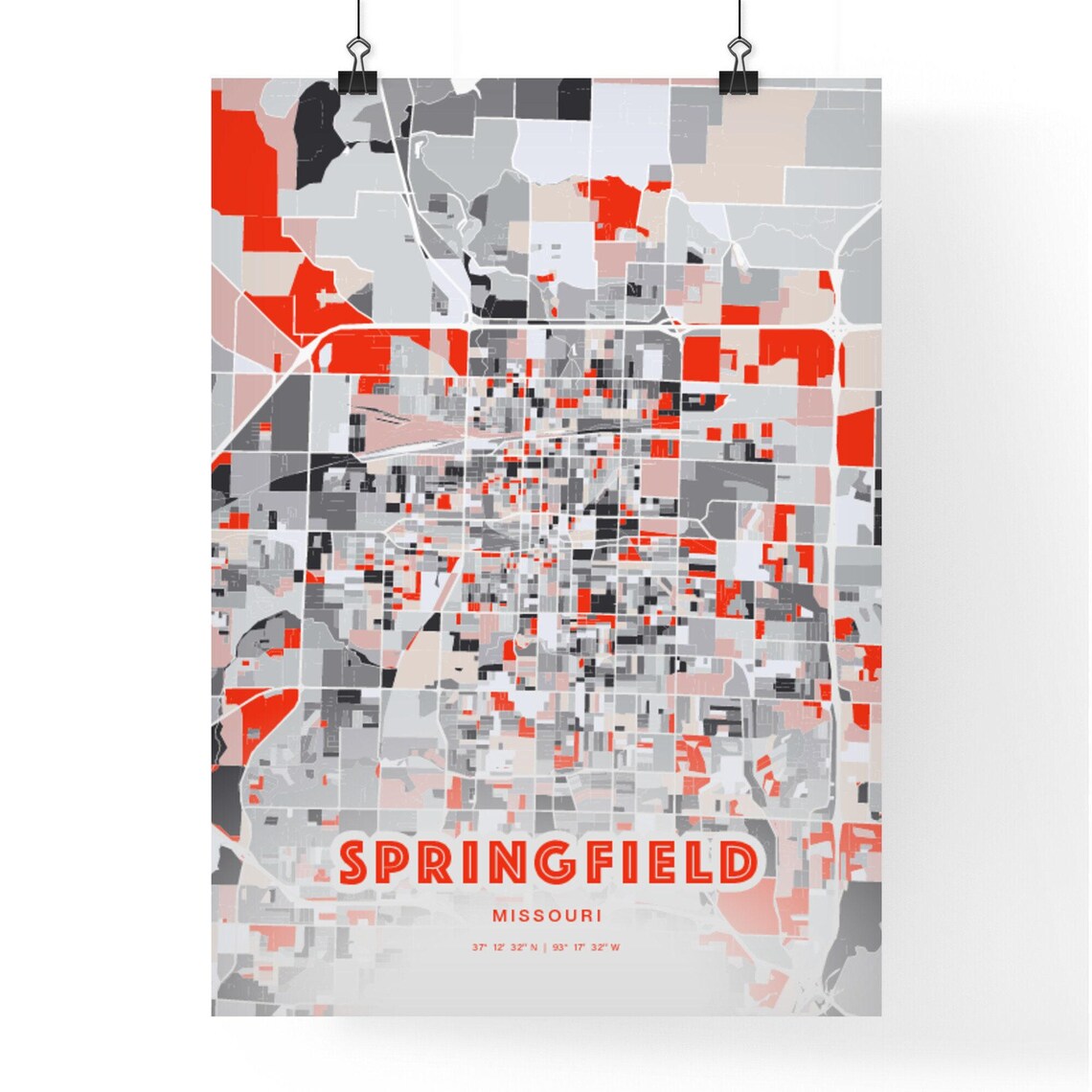 Springfield Missouri City Map Art Modern Red Gray Coordinate Poster - Image 3