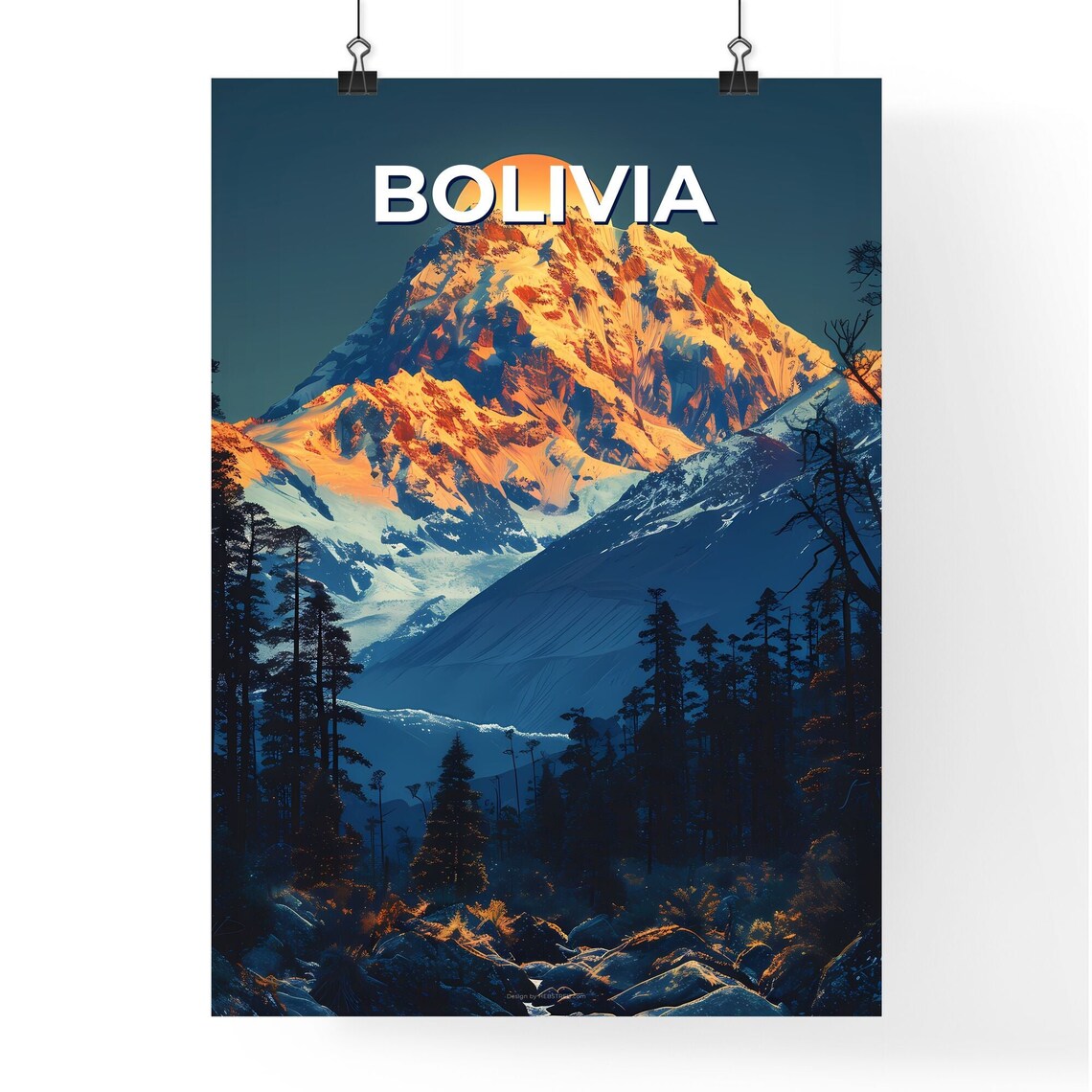 Bolivia Snowy Mountain Peak Sunset Pines Vintage Andes Travel Poster - Image 4